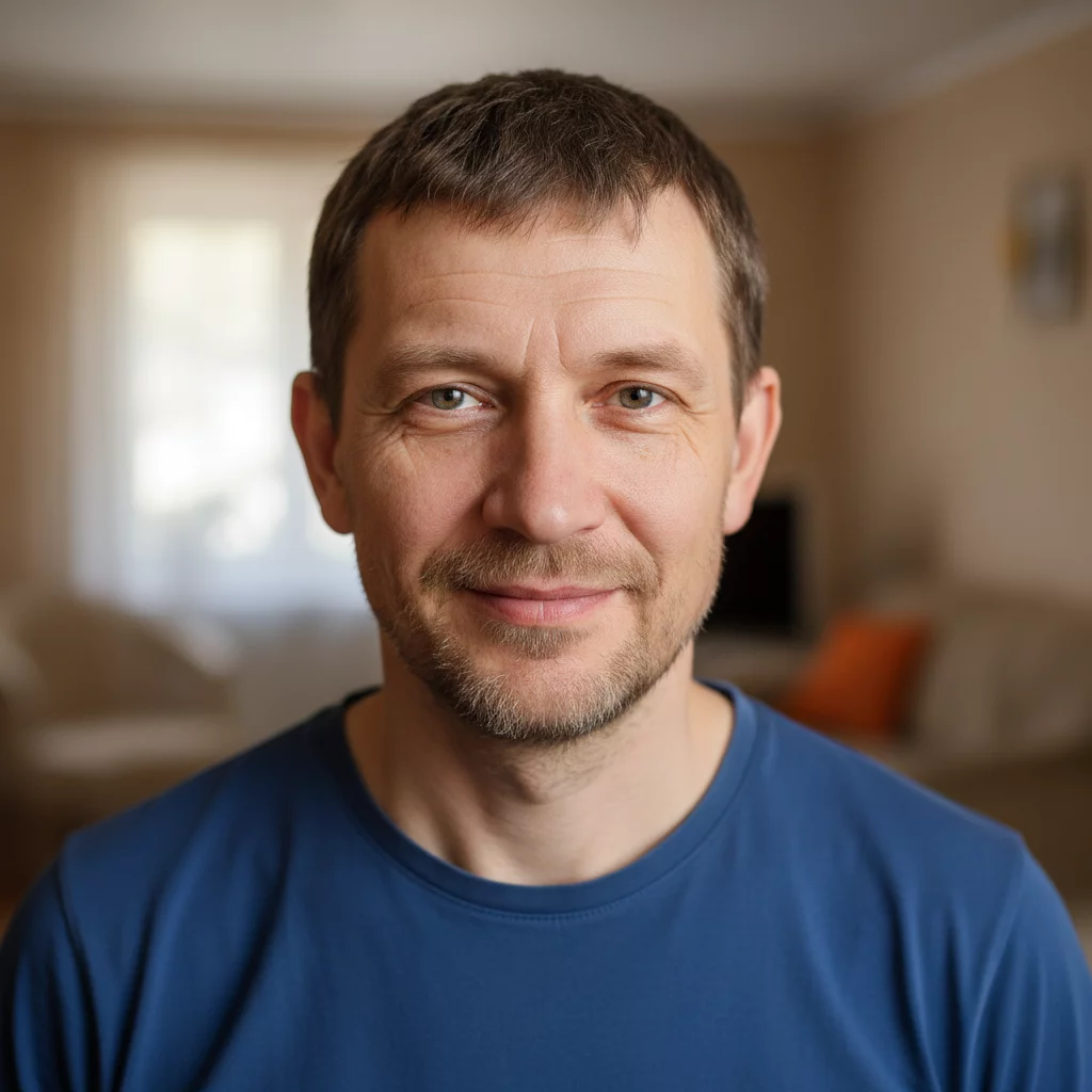 Satisfied male customer portrait, middle aged, casual clothing