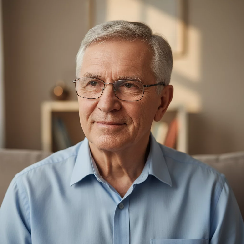 Male customer portrait, senior man with glasses, smart casual