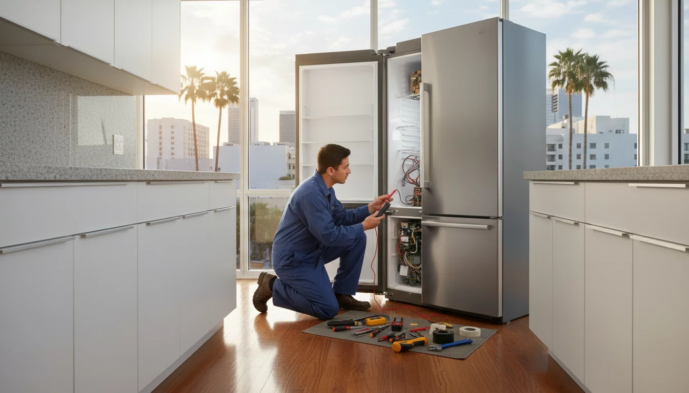 Professional appliance repair technician fixing a refrigerator in a modern bright kitchen, high resolution detailed photo
